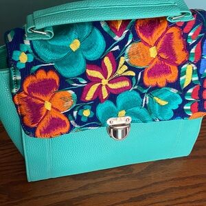 Floral Embroidered Turquoise Bag